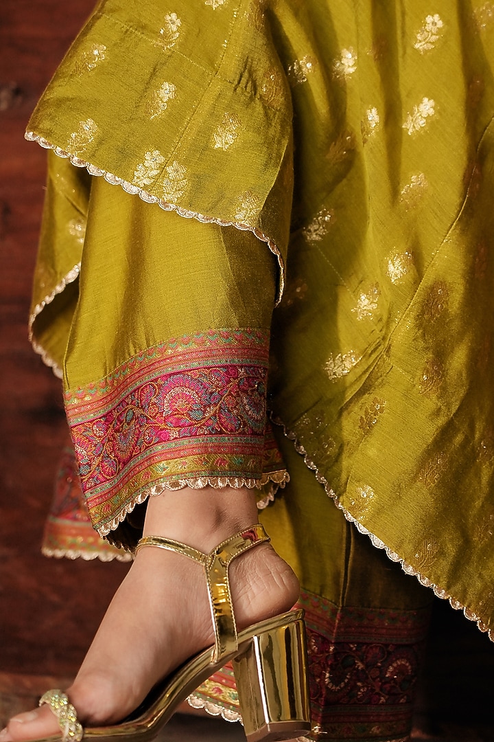 Lime Green Self Woven Vegan Silk Wedding Anarkali Set by Safaa at Pernia's Pop Up Shop