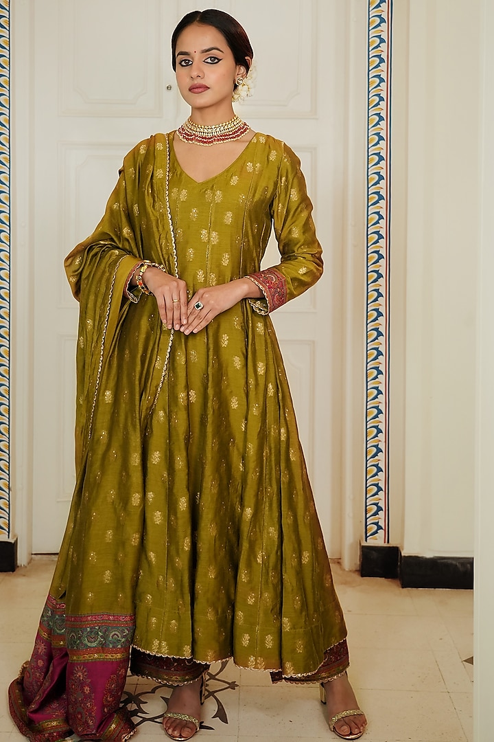 Lime Green Self Woven Vegan Silk Wedding Anarkali Set by Safaa at Pernia's Pop Up Shop