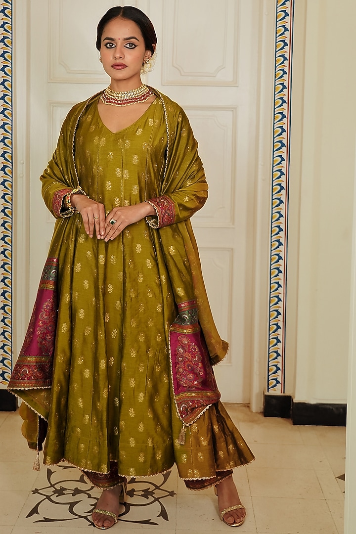 Lime Green Self Woven Vegan Silk Wedding Anarkali Set by Safaa at Pernia's Pop Up Shop