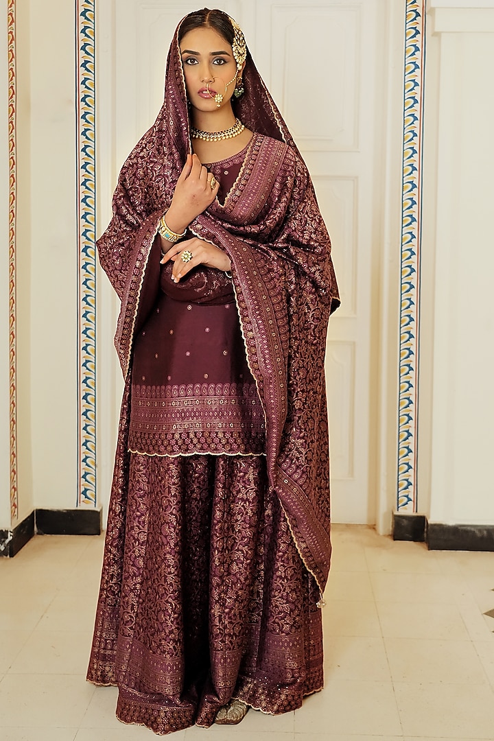 Plum Self Woven Vegan Silk Gharara Set by Safaa