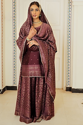 Plum Self Woven Vegan Silk Gharara Set by Safaa