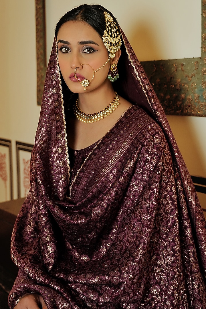 Plum Self Woven Vegan Silk Gharara Set by Safaa at Pernia's Pop Up Shop