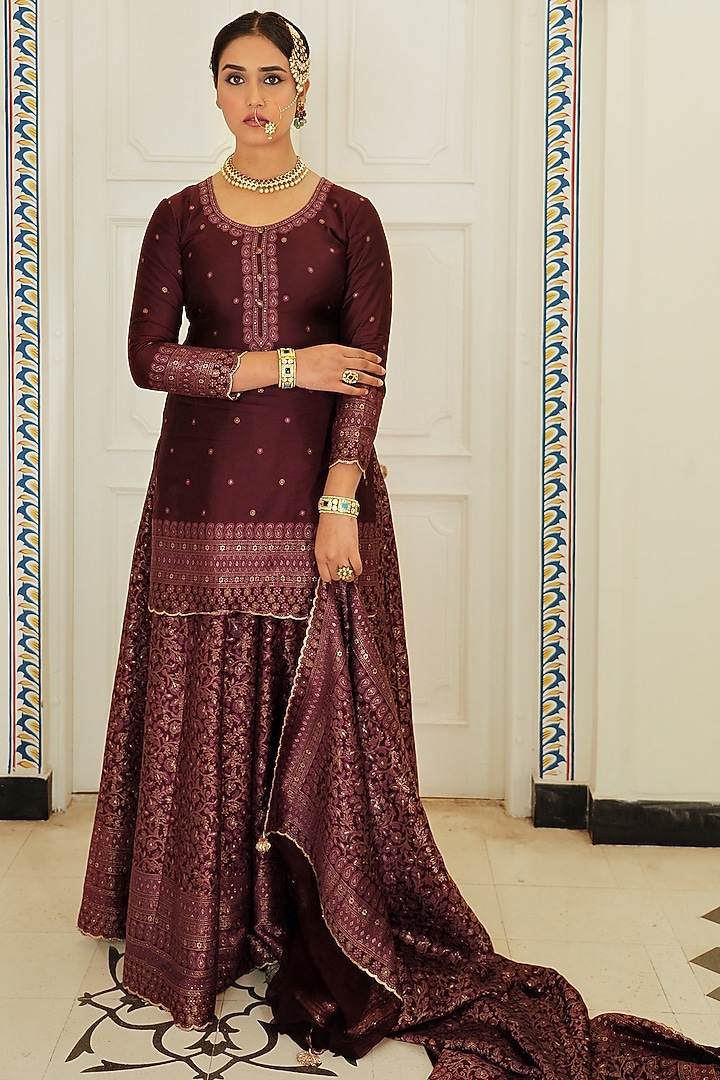 Plum Self Woven Vegan Silk Gharara Set by Safaa at Pernia's Pop Up Shop