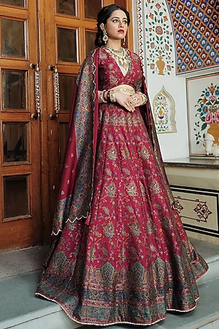 Crimson Red Self Woven Moonga Silk Lehenga Set by Safaa