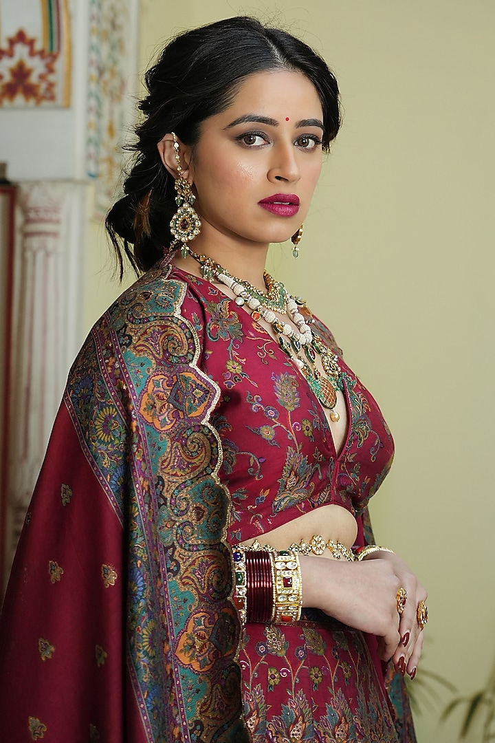 Crimson Red Self Woven Moonga Silk Wedding Lehenga Set by Safaa at Pernia's Pop Up Shop
