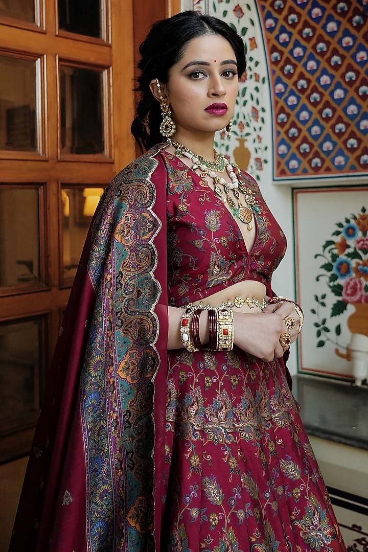 Crimson Red Self Woven Moonga Silk Wedding Lehenga Set by Safaa at Pernia's Pop Up Shop