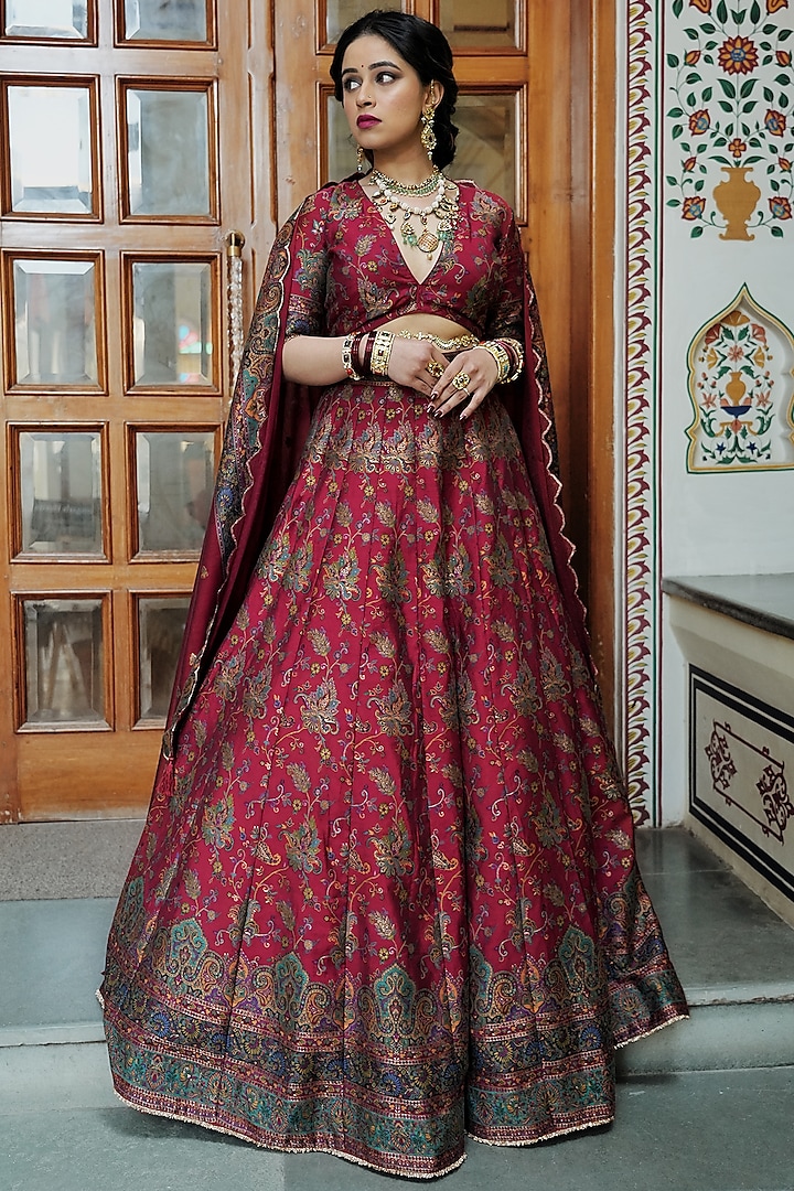 Crimson Red Self Woven Moonga Silk Wedding Lehenga Set by Safaa at Pernia's Pop Up Shop