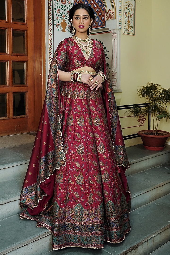 Crimson Red Self Woven Moonga Silk Wedding Lehenga Set by Safaa at Pernia's Pop Up Shop