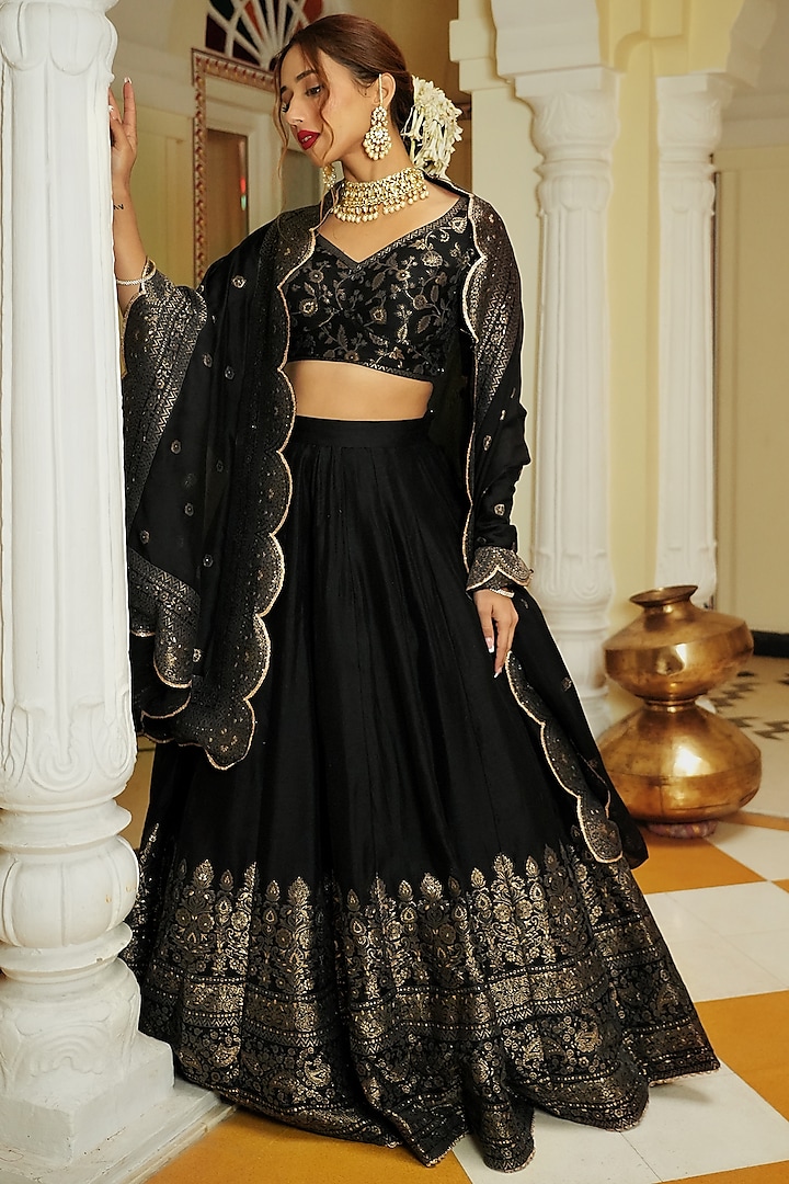 Black Vegan Silk Wedding Lehenga Set by Safaa at Pernia's Pop Up Shop