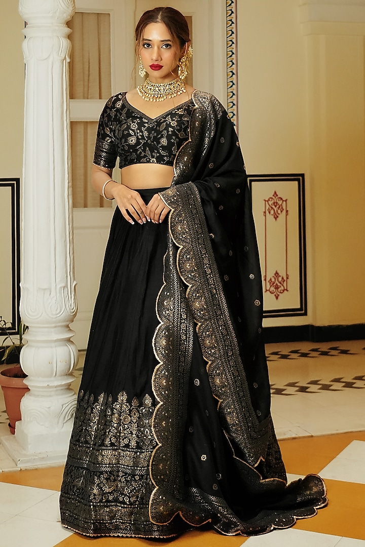 Black Vegan Silk Wedding Lehenga Set by Safaa at Pernia's Pop Up Shop