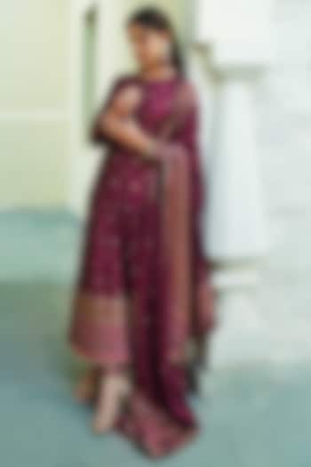 Burgundy Self Woven Vegan Silk Wedding Anarkali Set by Safaa at Pernia's Pop Up Shop