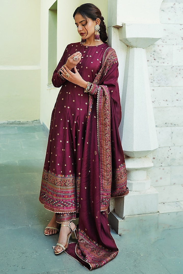 Burgundy Self Woven Vegan Silk Wedding Anarkali Set by Safaa at Pernia's Pop Up Shop