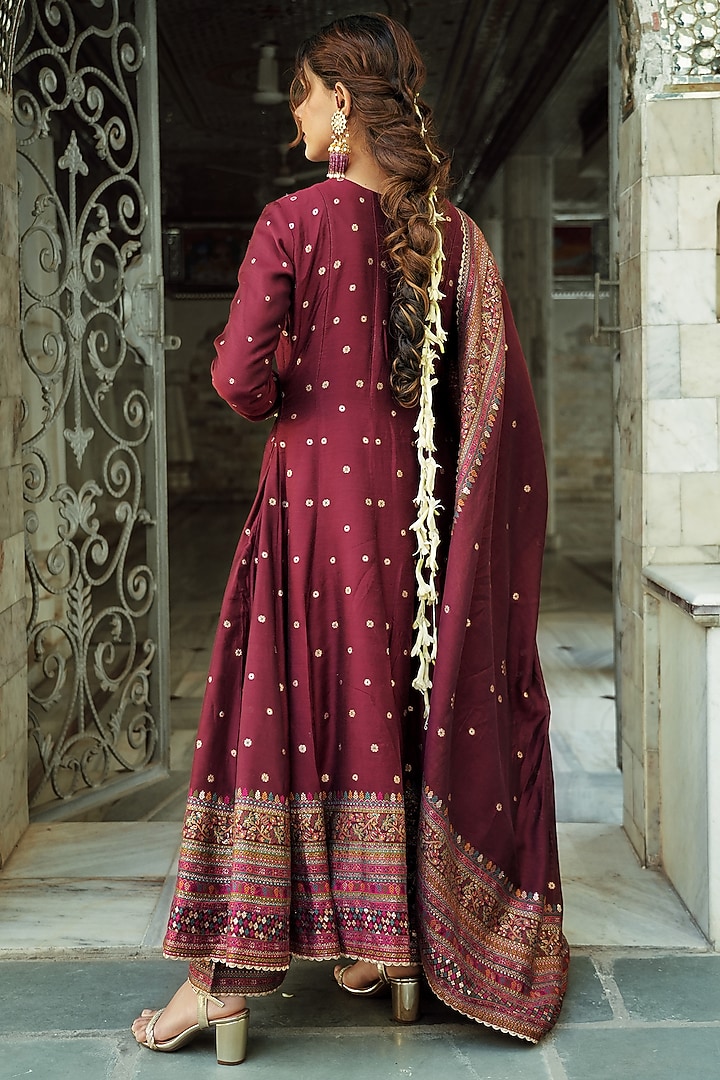 Burgundy Self Woven Vegan Silk Wedding Anarkali Set by Safaa at Pernia's Pop Up Shop