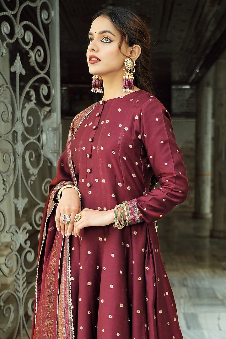 Burgundy Self Woven Vegan Silk Wedding Anarkali Set by Safaa at Pernia's Pop Up Shop