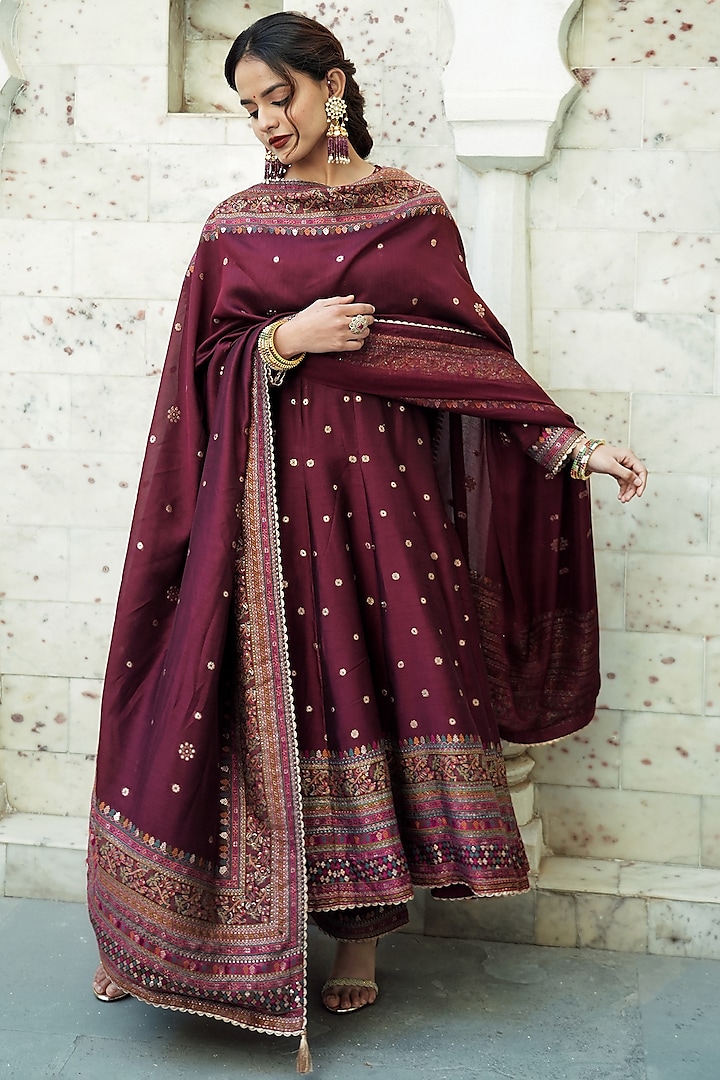 Burgundy Self Woven Vegan Silk Wedding Anarkali Set by Safaa at Pernia's Pop Up Shop