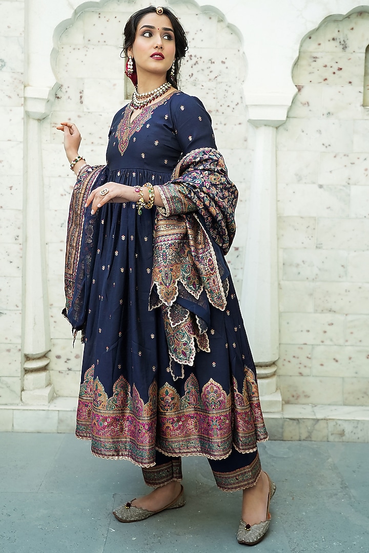 Midnight Blue Self Woven Moonga Silk Wedding Anarkali Set by Safaa at Pernia's Pop Up Shop