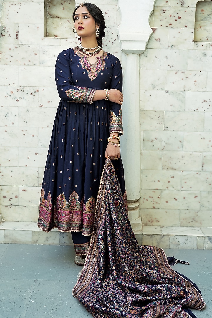 Midnight Blue Self Woven Moonga Silk Wedding Anarkali Set by Safaa at Pernia's Pop Up Shop