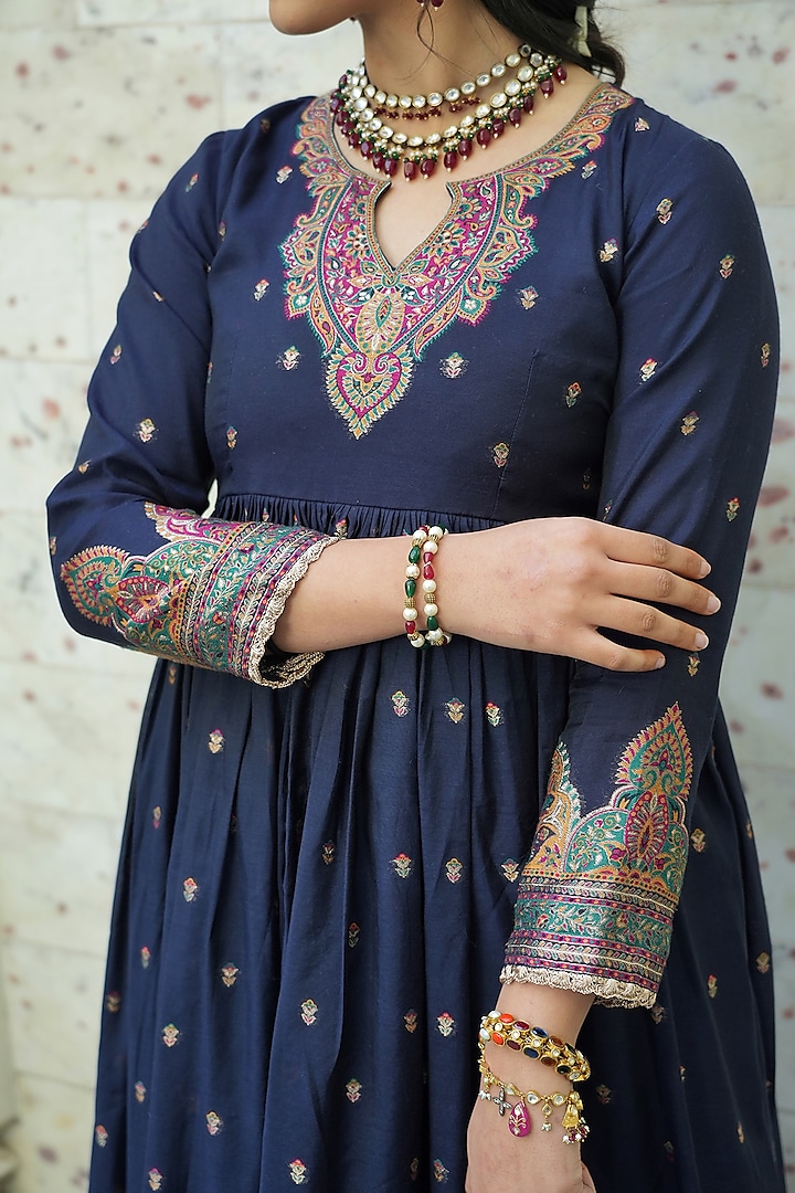 Midnight Blue Self Woven Moonga Silk Wedding Anarkali Set by Safaa at Pernia's Pop Up Shop