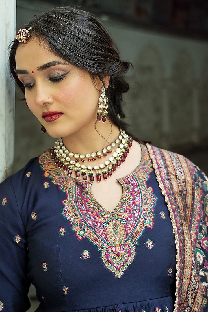 Midnight Blue Self Woven Moonga Silk Wedding Anarkali Set by Safaa at Pernia's Pop Up Shop
