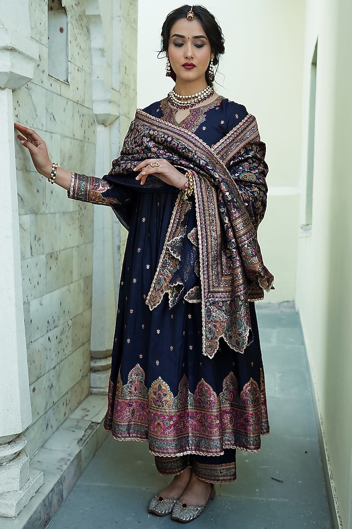 Midnight Blue Self Woven Moonga Silk Wedding Anarkali Set by Safaa at Pernia's Pop Up Shop