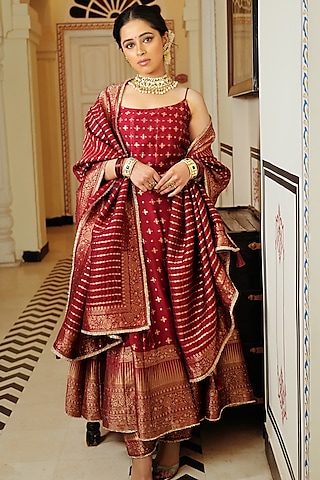 Red Self Woven Vegan Silk Anarkali Set by Safaa