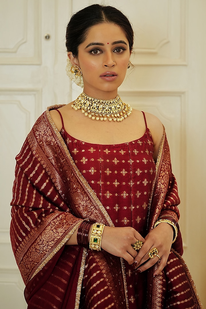 Red Self Woven Vegan Silk Wedding Anarkali Set by Safaa at Pernia's Pop Up Shop