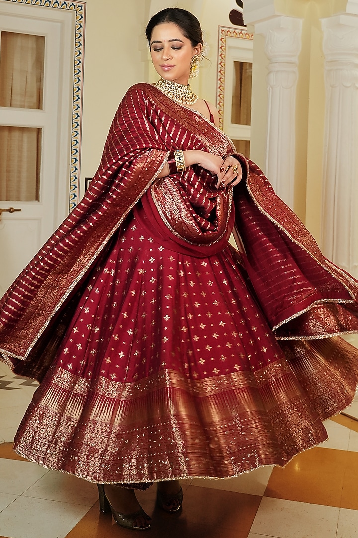 Red Self Woven Vegan Silk Wedding Anarkali Set by Safaa at Pernia's Pop Up Shop