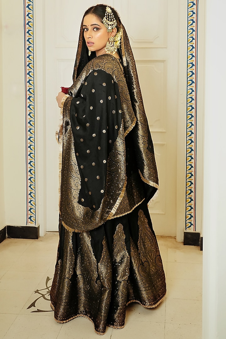 Black Self Woven Vegan Silk Gharara Set by Safaa at Pernia's Pop Up Shop