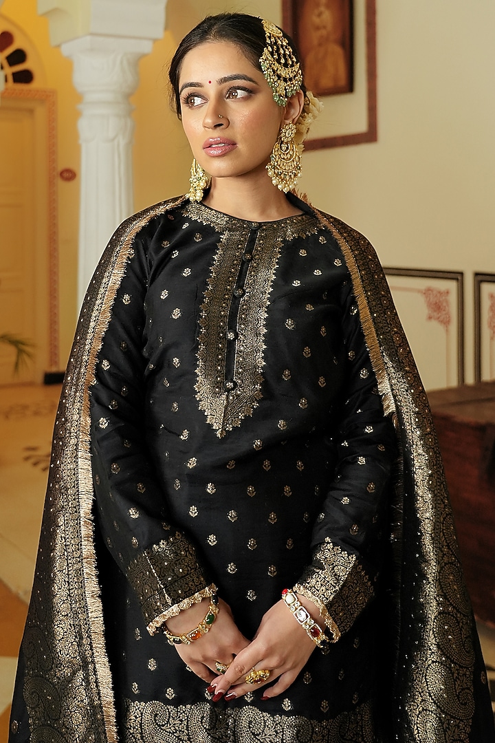 Black Self Woven Vegan Silk Gharara Set by Safaa at Pernia's Pop Up Shop