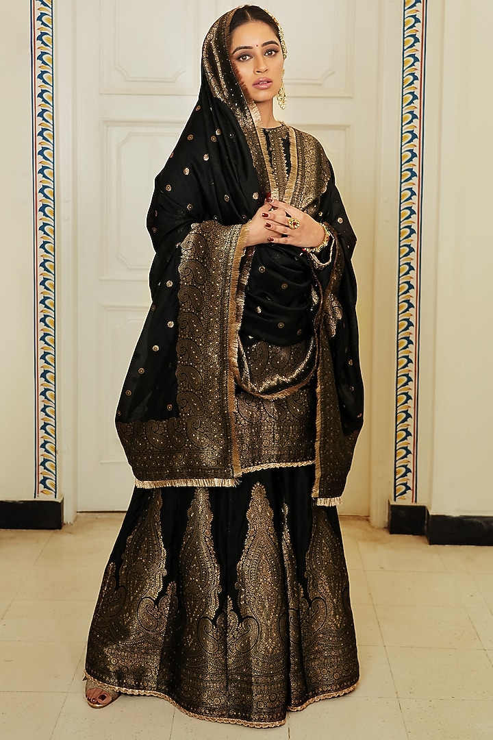 Black Self Woven Vegan Silk Gharara Set by Safaa at Pernia's Pop Up Shop