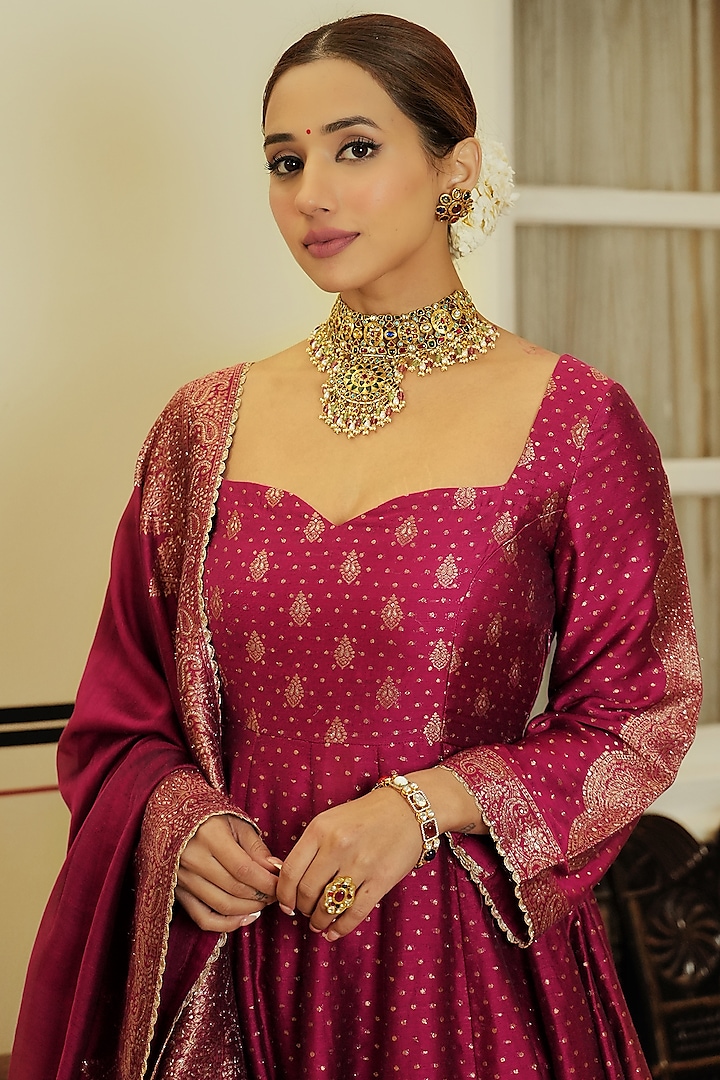 Magenta Self Woven Vegan Silk Wedding Anarkali Set by Safaa at Pernia's Pop Up Shop