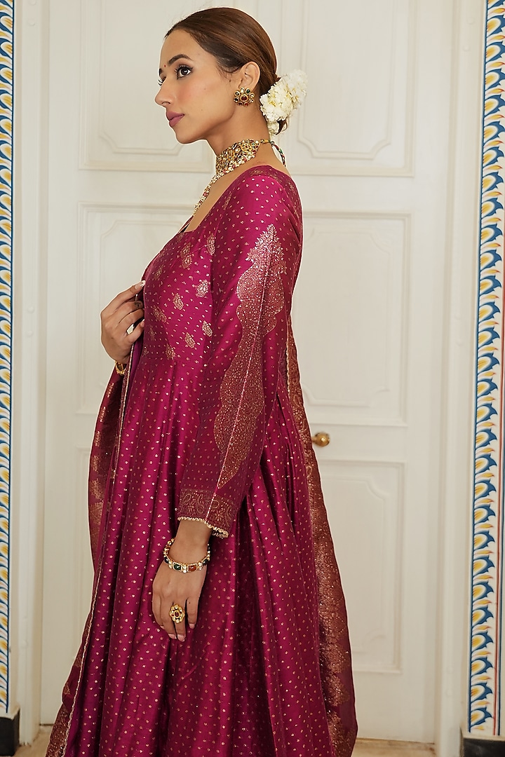 Magenta Self Woven Vegan Silk Wedding Anarkali Set by Safaa at Pernia's Pop Up Shop