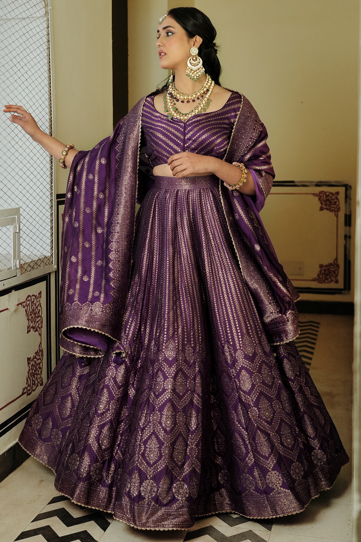 Buy Women Purple Chevron Sequin Embroidered Lehenga Set With Blouse And  Dupatta - Feed Luxe Lehenga - Indya