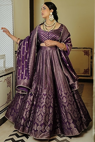 Purple Self Woven Vegan Silk lehenga Set by Safaa