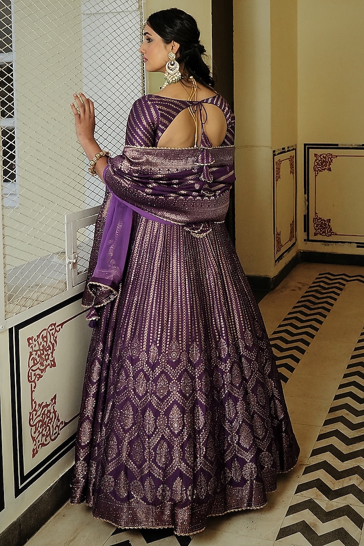 Purple Self Woven Vegan Silk Wedding Lehenga Set by Safaa at Pernia's Pop Up Shop