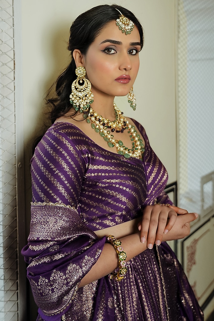 Purple Self Woven Vegan Silk Wedding Lehenga Set by Safaa at Pernia's Pop Up Shop