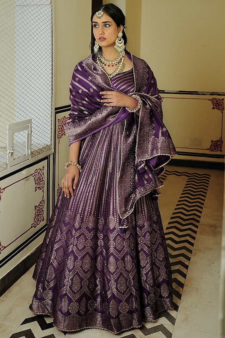 Purple Self Woven Vegan Silk Wedding Lehenga Set by Safaa at Pernia's Pop Up Shop