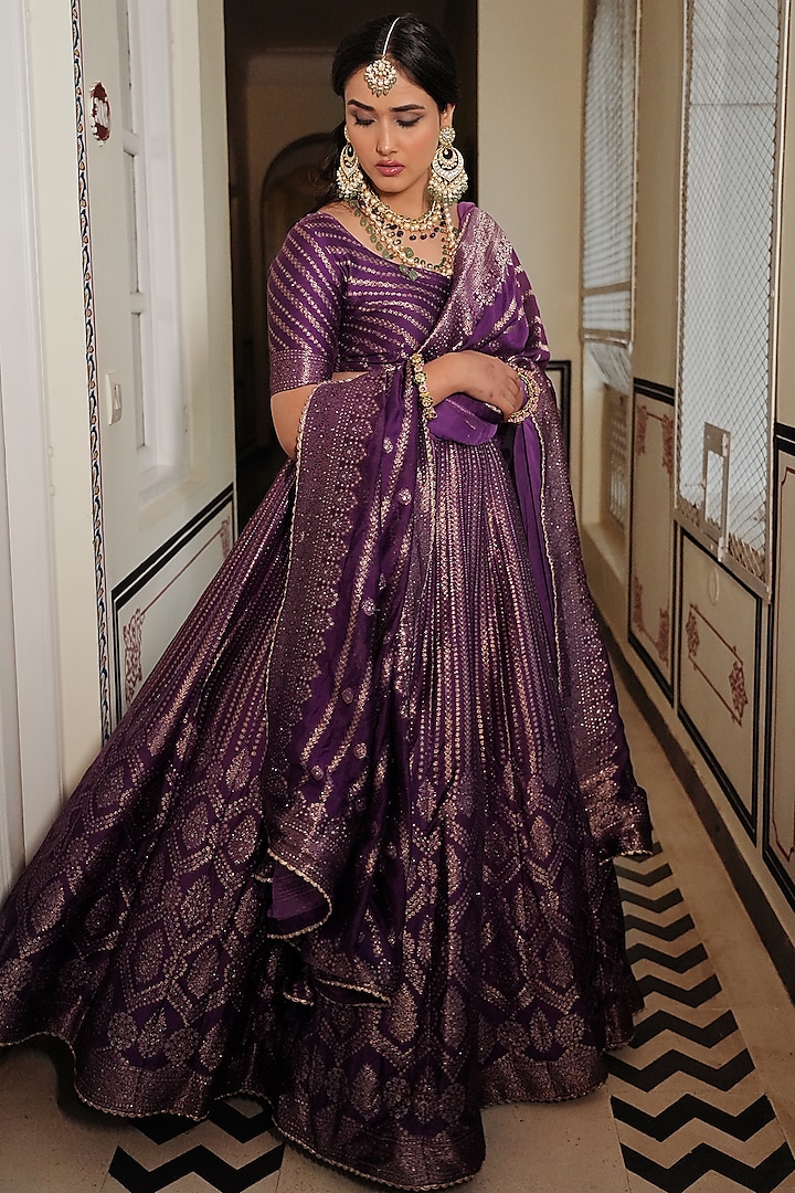 Purple Self Woven Vegan Silk Wedding Lehenga Set by Safaa at Pernia's Pop Up Shop