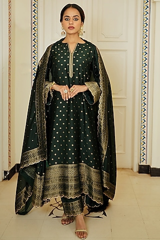Dark Green Self Woven Vegan Silk Kurta Set by Safaa