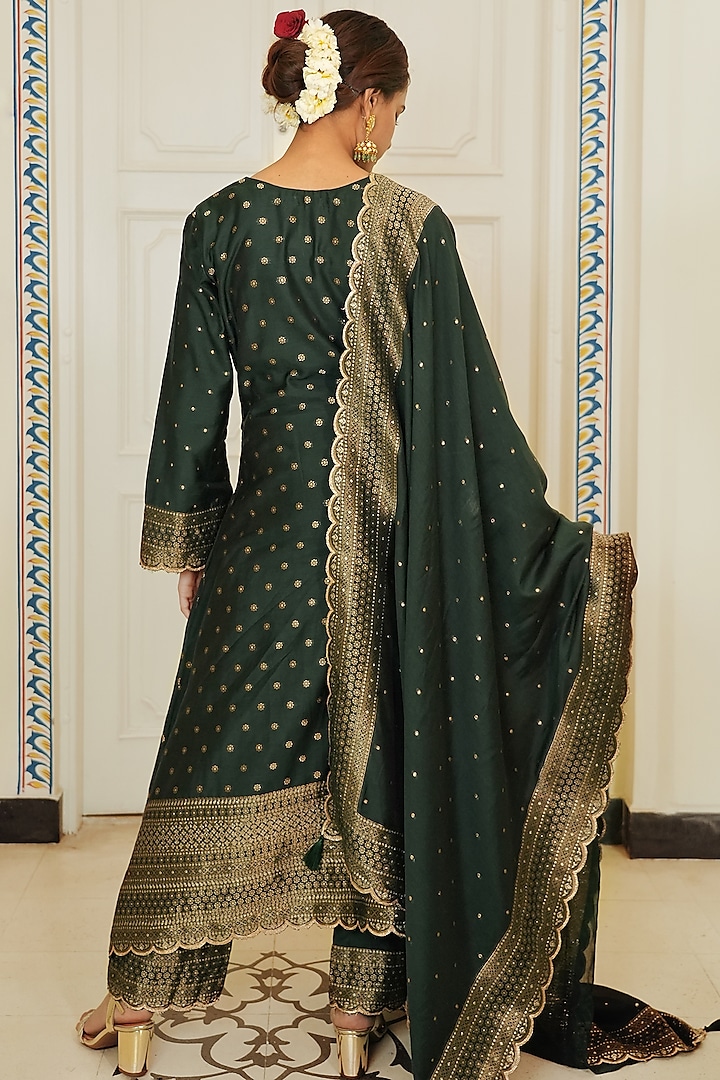 Dark Green Self Woven Vegan Silk Kurta Set by Safaa at Pernia's Pop Up Shop