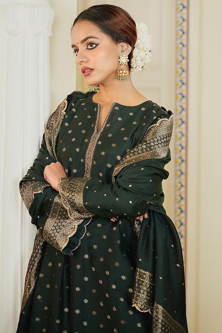 Dark Green Self Woven Vegan Silk Kurta Set by Safaa at Pernia's Pop Up Shop