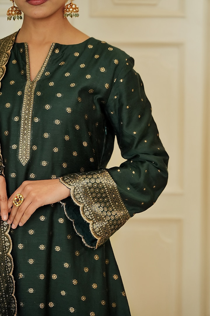 Dark Green Self Woven Vegan Silk Kurta Set by Safaa at Pernia's Pop Up Shop