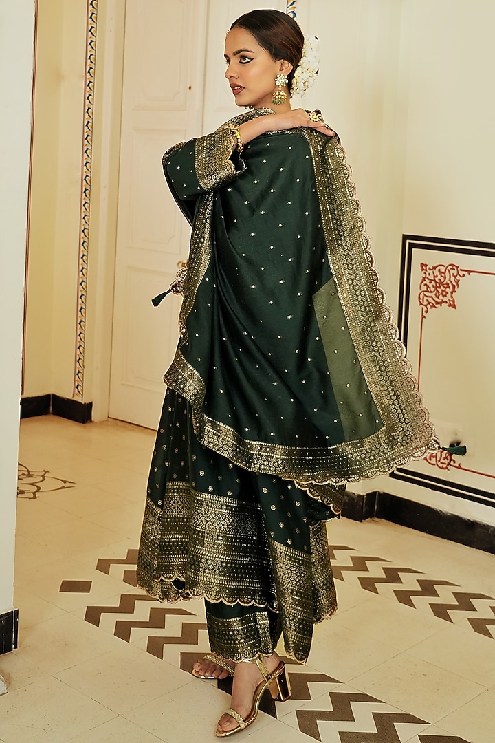 Dark Green Self Woven Vegan Silk Kurta Set by Safaa at Pernia's Pop Up Shop