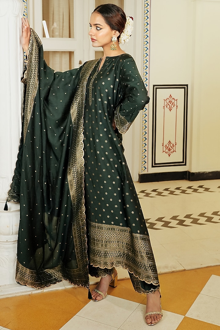 Dark Green Self Woven Vegan Silk Kurta Set by Safaa at Pernia's Pop Up Shop