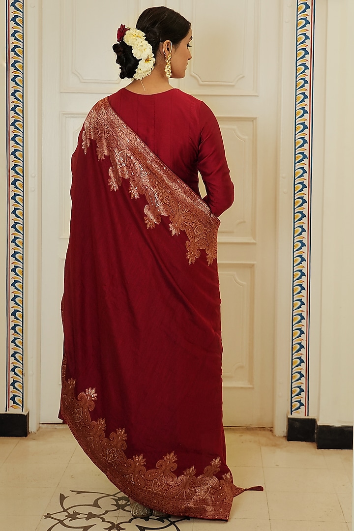 Ruby Red Vegan Silk Party Wear Anarkali Set by Safaa at Pernia's Pop Up Shop