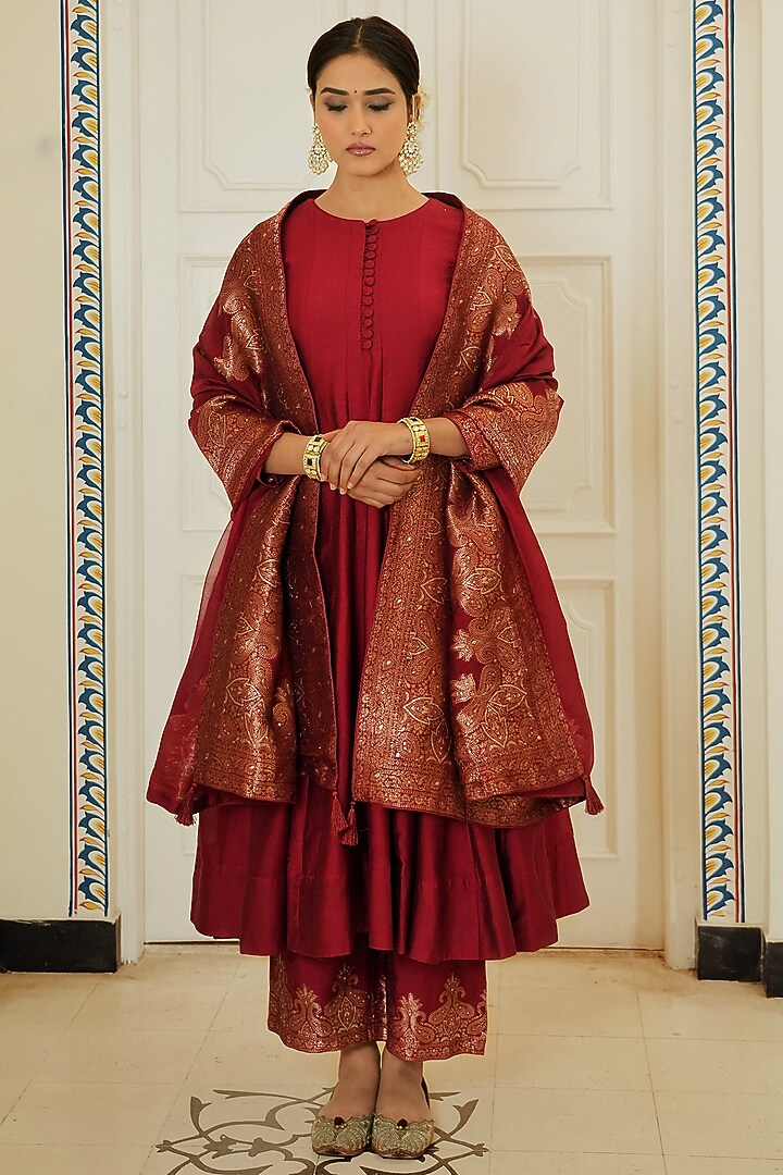 Royal Red Dola Silk Anarkali Set main image 1