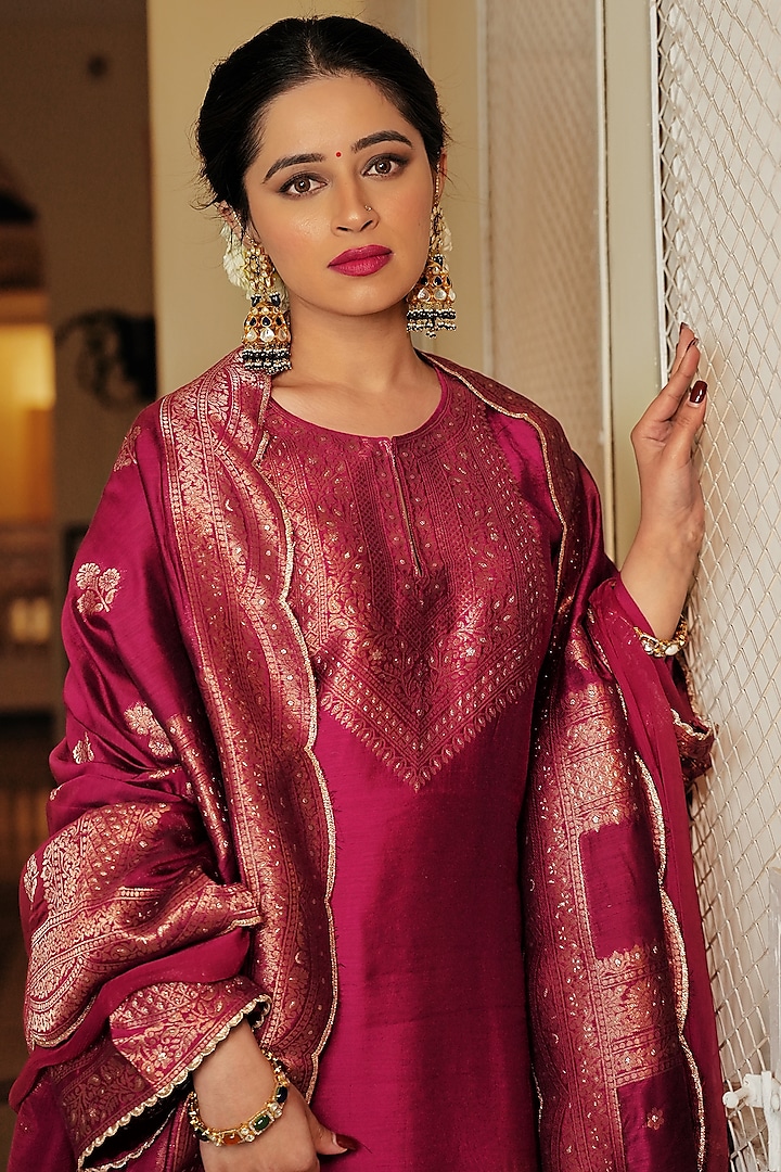 Magenta Self Woven Vegan Silk A-Line Kurta Set by Safaa at Pernia's Pop Up Shop