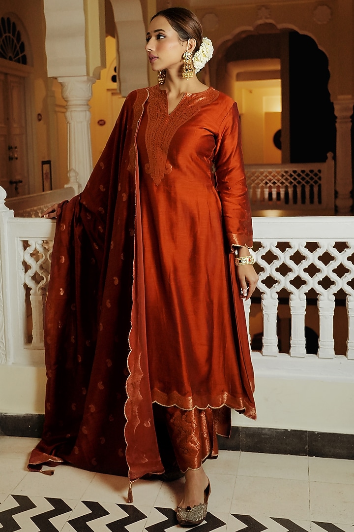 Rust Self Woven Vegan Silk A-Line Kurta Set by Safaa at Pernia's Pop Up Shop
