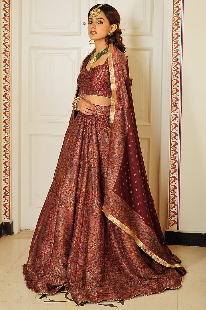 Maroon Self Woven Vegan Silk Wedding Lehenga Set by Safaa at Pernia's Pop Up Shop