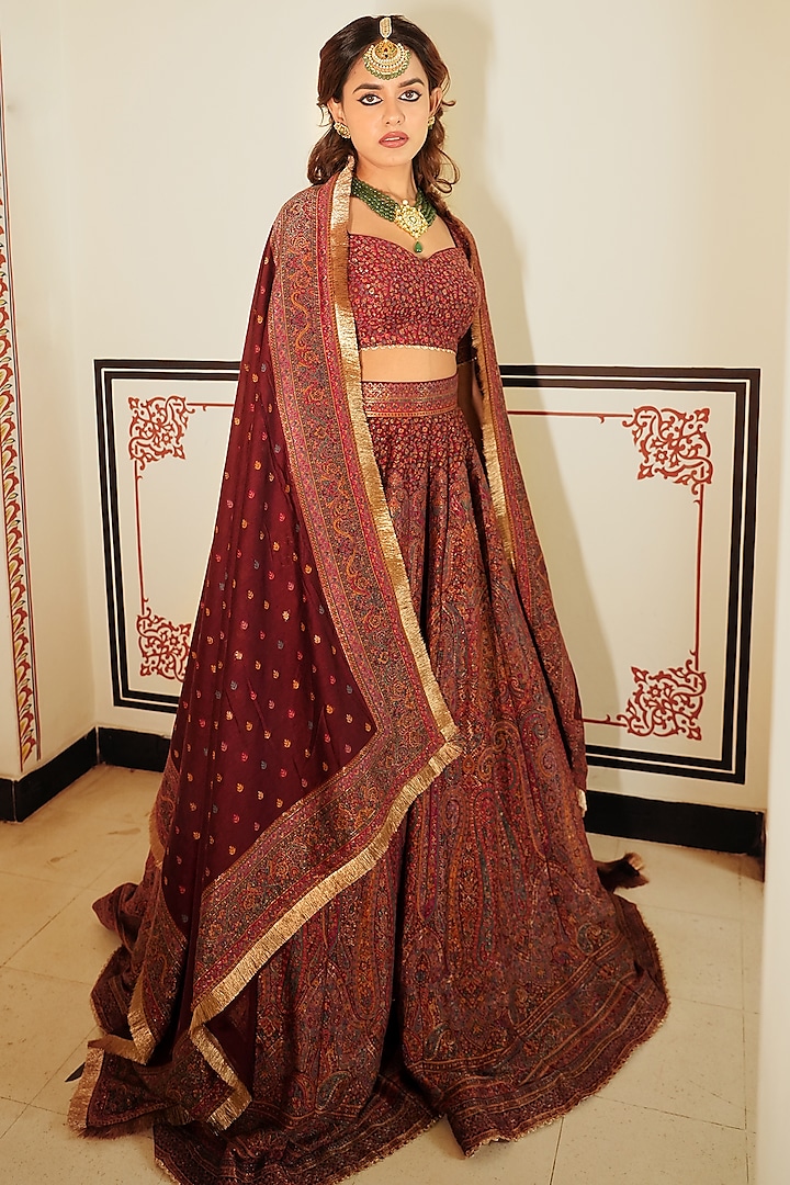 Maroon Self Woven Vegan Silk Wedding Lehenga Set by Safaa at Pernia's Pop Up Shop